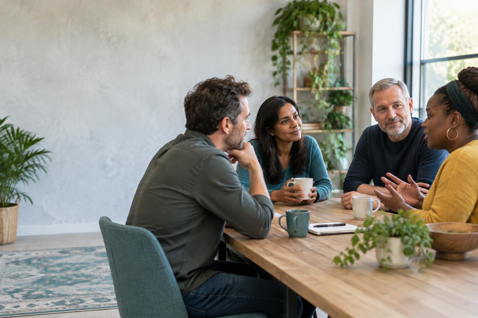 Illustrative group of adults sharing a relaxed conversation